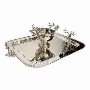 Reindeer Head Serving Tray and Bowl Silver Winter Holiday Christmas